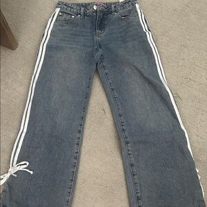 Edikted Dark Blue Wide Leg Jeans with White Side Stripes With Bows